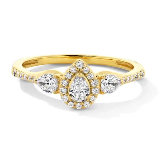 Previously Owned - 3/8 CT. T.w. Pear-Shaped Lab-Grown Diamond Frame Three Stone Promise Ring in 10K Gold (F/Si2)