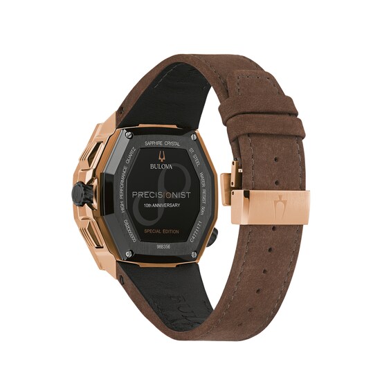 Previously Owned - Men's Bulova Precisionist X Chronograph Brown Leather Strap Watch with Black Dial (Model: 98B356)