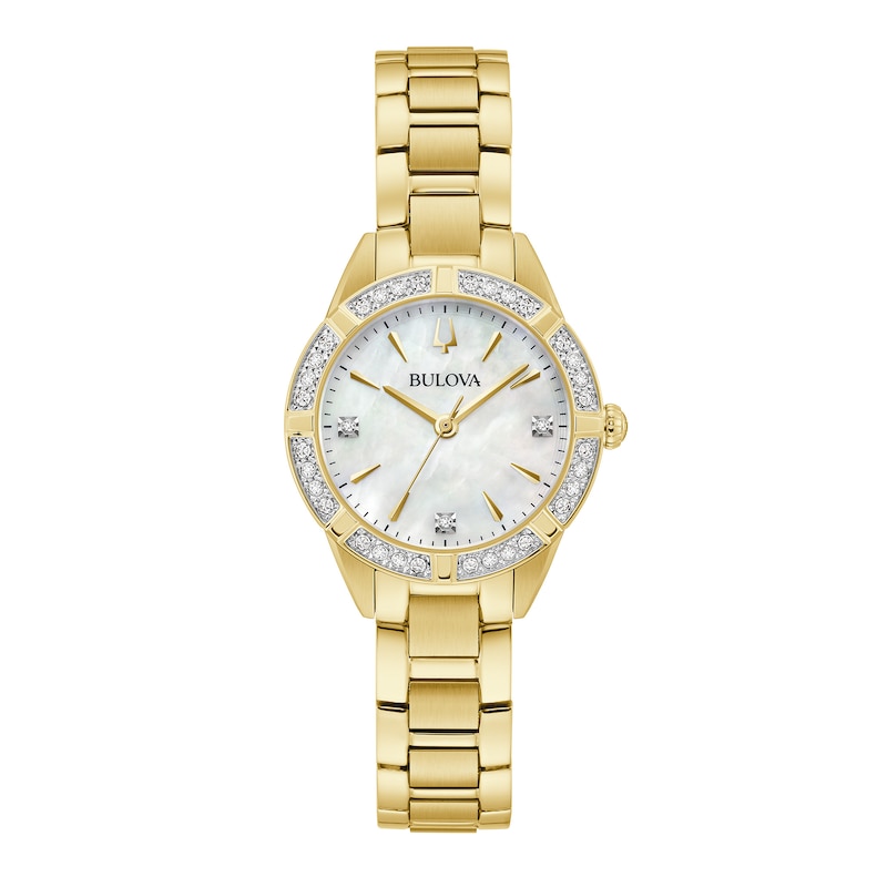 Main Image 1 of Previously Owned - Ladies' Bulova Sutton 1/20 CT. T.W. Diamond Gold-Tone Watch with Mother-of-Pearl Dial (Model: 98R297)
