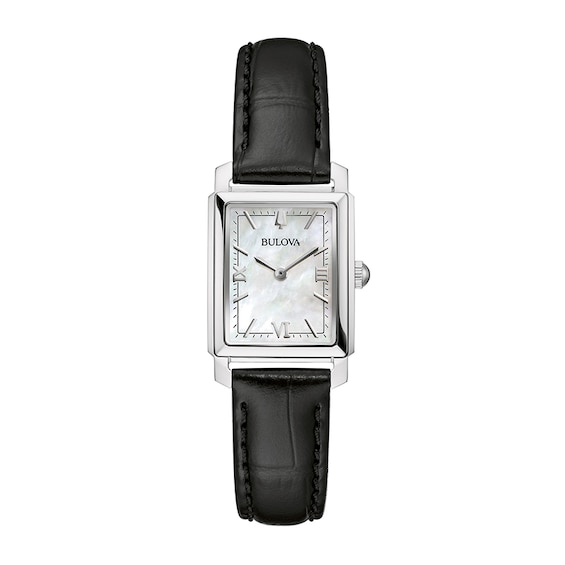 Previously Owned - Ladies' Bulova Sutton Black Leather Strap Watch with Rectangular Mother-of-Pearl Dial (Model: 96L330)