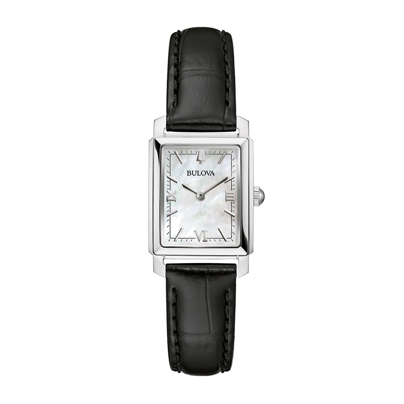 Main Image 1 of Previously Owned - Ladies' Bulova Sutton Black Leather Strap Watch with Rectangular Mother-of-Pearl Dial (Model: 96L330)