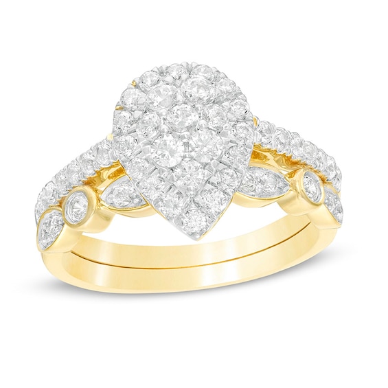 Previously Owned - 1 CT. T.w. Composite Pear-Shaped Diamond Art Deco Bridal Set in 10K Gold