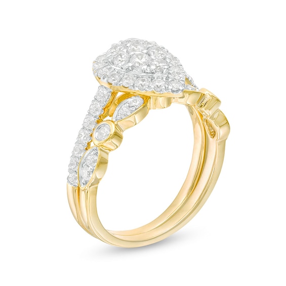 Previously Owned - 1 CT. T.w. Composite Pear-Shaped Diamond Art Deco Bridal Set in 10K Gold