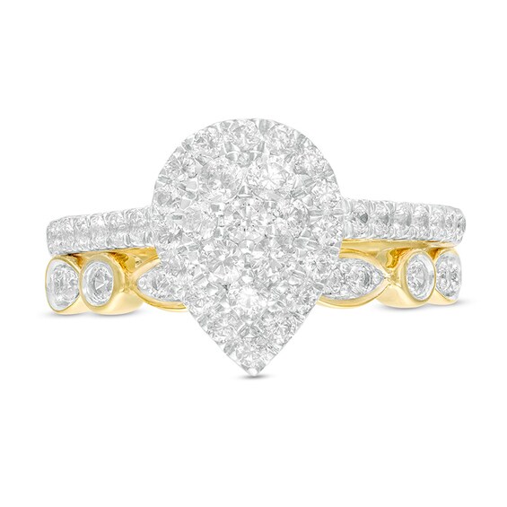 Previously Owned - 1 CT. T.w. Composite Pear-Shaped Diamond Art Deco Bridal Set in 10K Gold