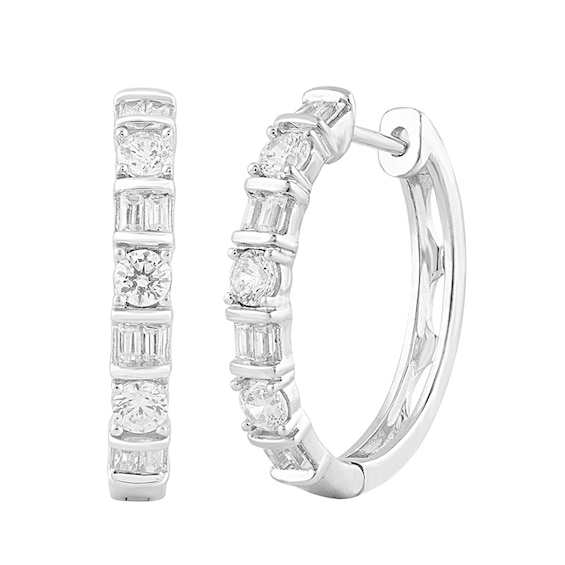 Previously Owned - 1 CT. T.w. Baguette and Round Diamond Alternating Hoop Earrings in 10K White Gold