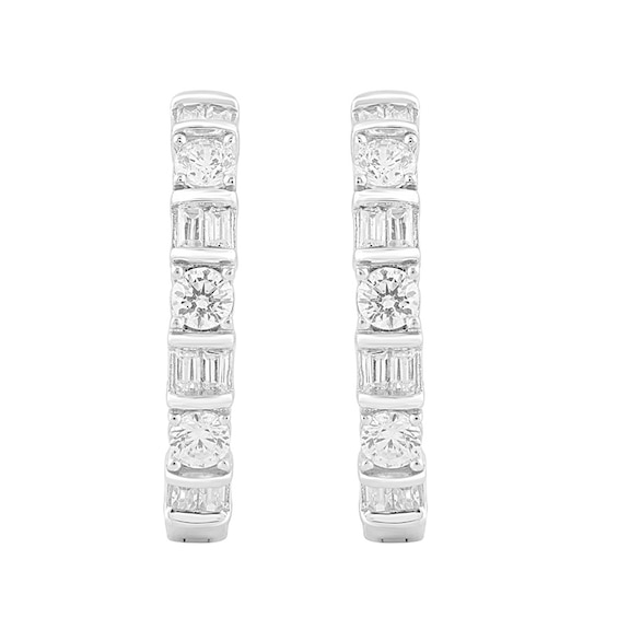 Previously Owned - 1 CT. T.w. Baguette and Round Diamond Alternating Hoop Earrings in 10K White Gold