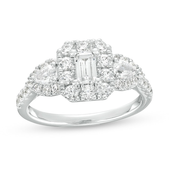 Previously Owned - 1-1/2 CT. T.W. Emerald-Cut Diamond Frame Past Present Future® Engagement Ring in 14K White Gold
