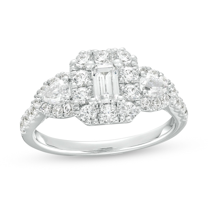 Main Image 1 of Previously Owned - 1-1/2 CT. T.W. Emerald-Cut Diamond Frame Past Present Future® Engagement Ring in 14K White Gold