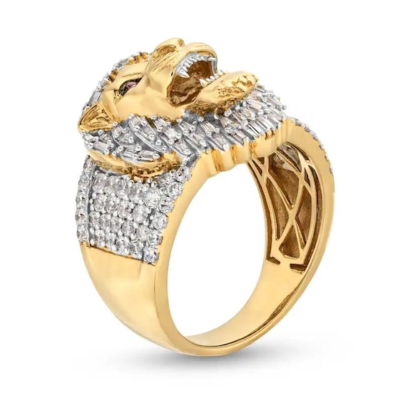 Previously Owned - 1-1/2 CT. T.w. Baguette and Round Diamond with Lab-Created Ruby Lion's Head Ring in 10K Gold