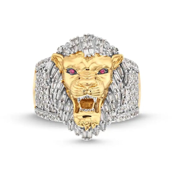 Previously Owned - 1-1/2 CT. T.w. Baguette and Round Diamond with Lab-Created Ruby Lion's Head Ring in 10K Gold