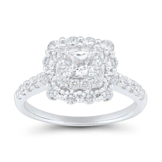 Previously Owned - 1-1/2 CT. T.w. Cushion-Cut Diamond Double Scallop Frame Engagement Ring in 14K White Gold