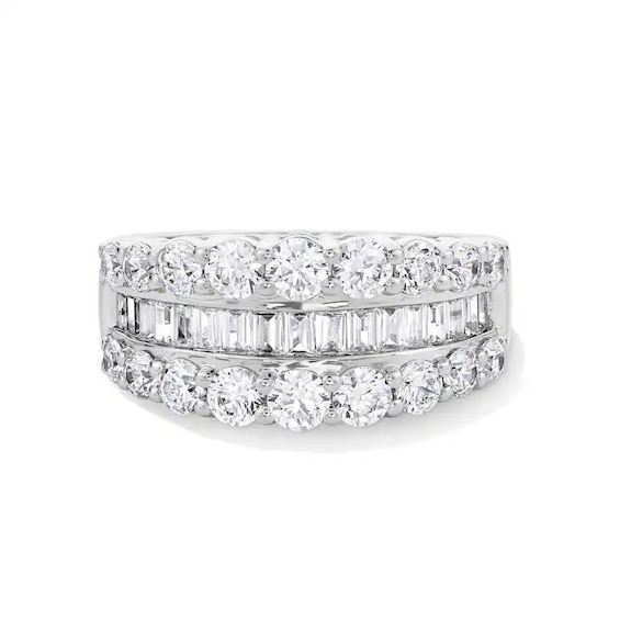 Previously Owned - 2 CT. T.w. Baguette and Round Diamond Graduated Triple Row Anniversary Band in 14K White Gold