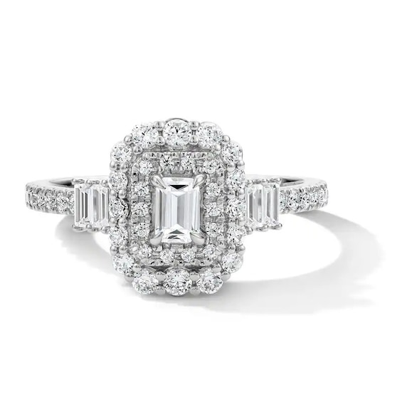 Previously Owned - Vera Wang Love 1 CT. T.W. Emerald-Cut Diamond Double Frame Engagement Ring with in 14K White Gold