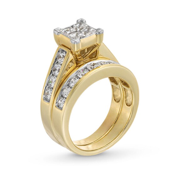 Previously Owned - 2 CT. T.w. Quad Princess-Cut Diamond Soldered Bridal Set in 14K Gold
