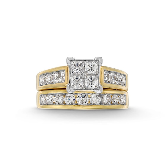 Previously Owned - 2 CT. T.w. Quad Princess-Cut Diamond Soldered Bridal Set in 14K Gold