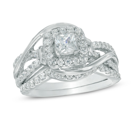 Previously Owned - 1 CT. T.w. Princess-Cut Diamond Swirl Frame Soldered Bridal Set in 10K White Gold