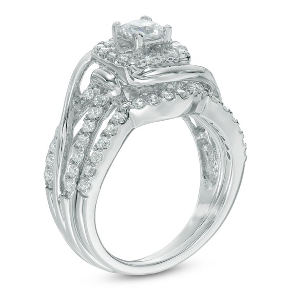 Previously Owned - 1 CT. T.w. Princess-Cut Diamond Swirl Frame Soldered Bridal Set in 10K White Gold