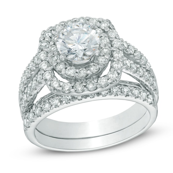 Previously Owned - 2-1/5 CT. T.w. Diamond Double Frame Soldered Bridal Set in 14K White Gold