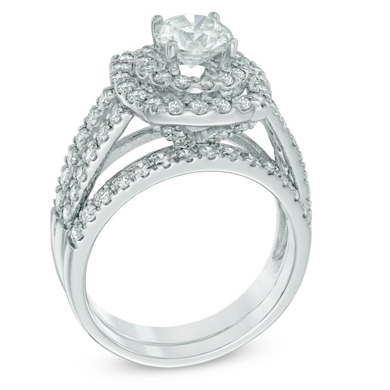 Previously Owned - 2-1/5 CT. T.w. Diamond Double Frame Soldered Bridal Set in 14K White Gold
