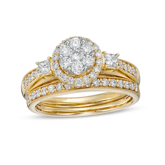 Previously Owned - 1 CT. T.w. Multi-Diamond Frame Vintage-Style Soldered Bridal Set in 10K Gold