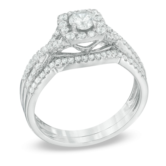 Previously Owned - 3/4 CT. T.w. Diamond Frame Soldered Bridal Set in 14K White Gold (I/I2)