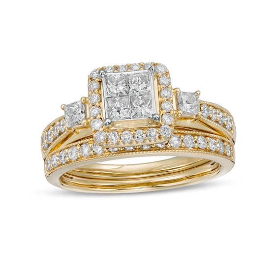 Previously Owned - 1 CT. T.w. Princess-Cut Quad Diamond Cushion-Shaped Vintage-Style Soldered Bridal Set in 10K Gold