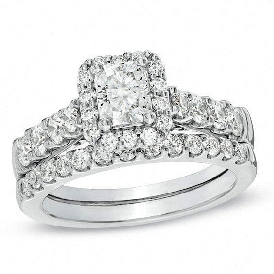 Previously Owned - 2 CT. T.w. Radiant-Cut Diamond Framed Soldered Bridal Set in 14K White Gold (I/I1)