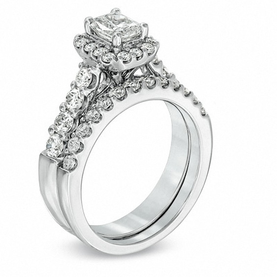 Previously Owned - 2 CT. T.w. Radiant-Cut Diamond Framed Soldered Bridal Set in 14K White Gold (I/I1)