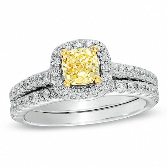 Previously Owned - 1-1/8 CT. T.w. Cushion-Cut Yellow Diamond Frame Soldered Bridal Set in 18K White Gold (P/Si2)