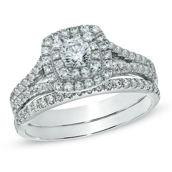 Previously Owned - Celebration Ideal 1 CT. T.w. Diamond Frame Soldered Bridal Set in 14K White Gold (I/I1)