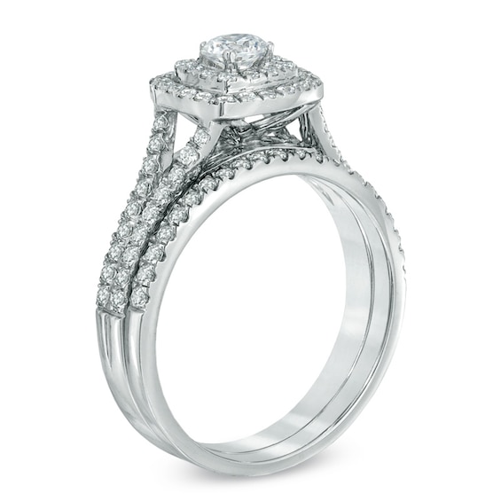 Previously Owned - Celebration Ideal 1 CT. T.w. Diamond Frame Soldered Bridal Set in 14K White Gold (I/I1)