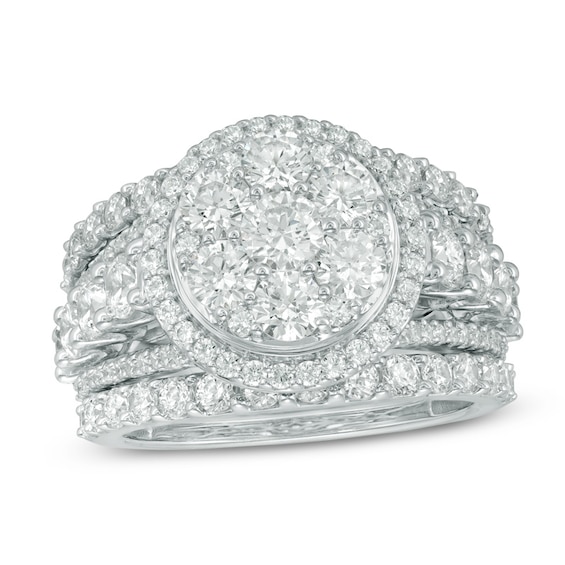 Previously Owned - 3-1/2 CT. T.w. Diamond Double Frame Three Piece Soldered Bridal Set in 14K White Gold