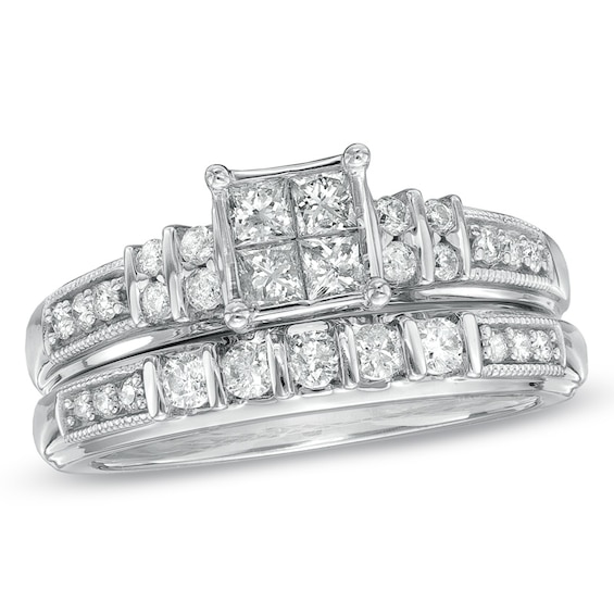 Previously Owned - 3/4 CT. T.w. Quad Princess-Cut Diamond Soldered Bridal Set in 10K White Gold