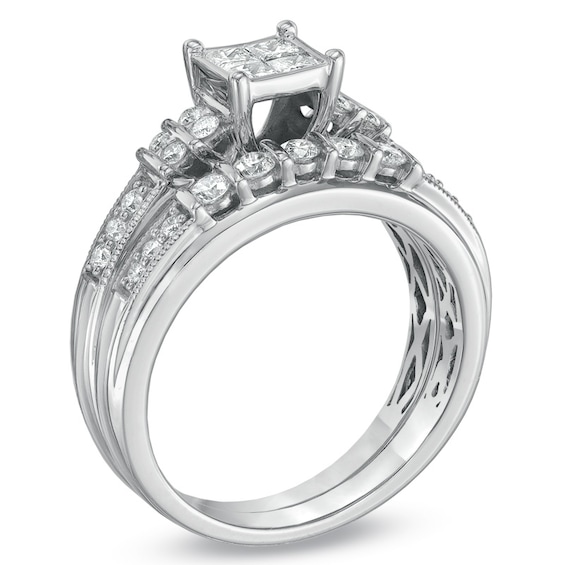 Previously Owned - 3/4 CT. T.w. Quad Princess-Cut Diamond Soldered Bridal Set in 10K White Gold