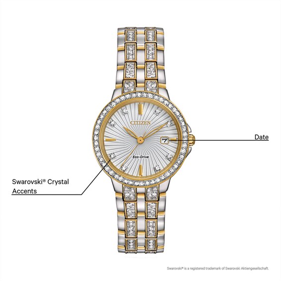 Previously Owned - Citizen Eco-Drive® Silhouette Crystal Accent Two-Tone Watch with Silver-Tone Dial (Model: Ew2344-57A)
