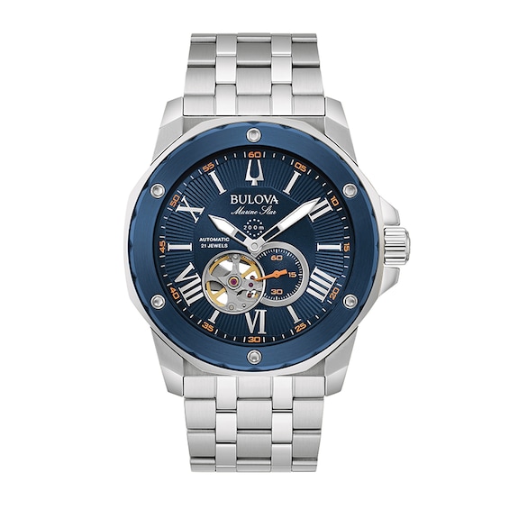 Previously Owned - Men's Bulova Marine Star Automatic Watch with Blue Skeleton Dial (Model: 98A302)