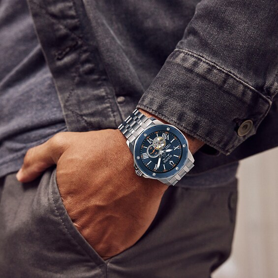 Previously Owned - Men's Bulova Marine Star Automatic Watch with Blue Skeleton Dial (Model: 98A302)