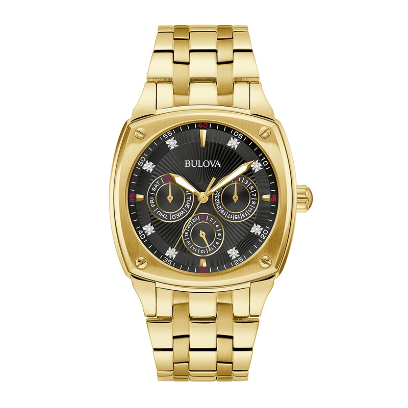 Main Image 1 of Previously Owned - Men’s Bulova Diamond Accent Gold-Tone IP Chronograph Watch with Square Black Dial (Model: 97D138)