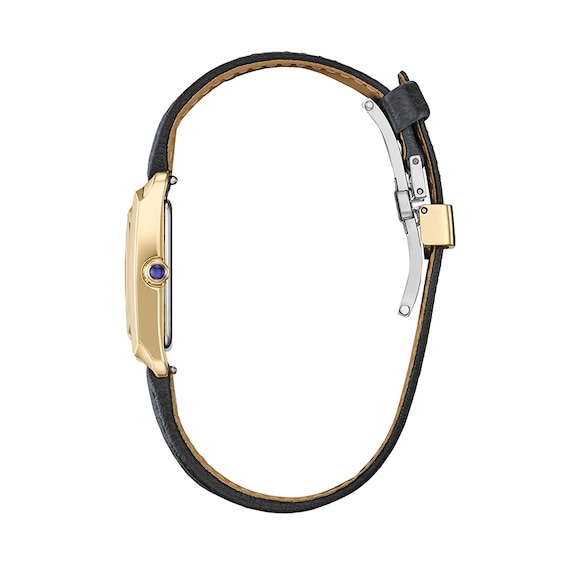 Previously Owned - Citizen Bianca Gold-Tone IP Black Leather Strap Watch with Rectangular Dial (Model: Ew5622-09P)
