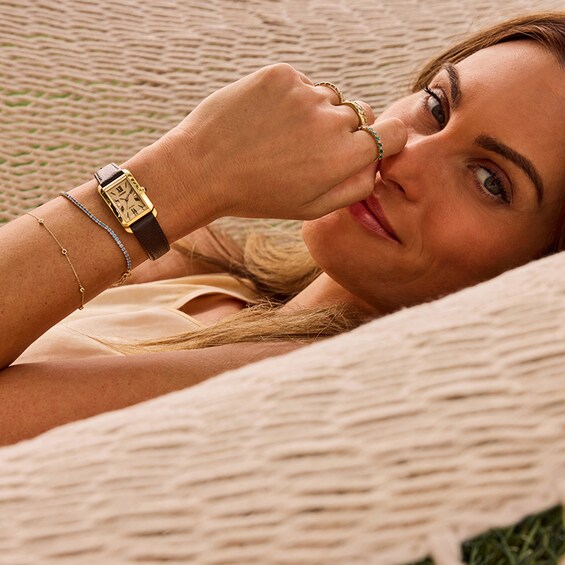 Previously Owned - Citizen Bianca Gold-Tone IP Black Leather Strap Watch with Rectangular Dial (Model: Ew5622-09P)