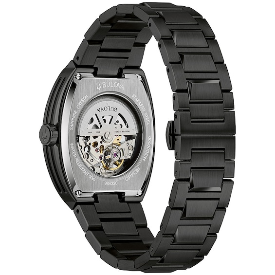 Previously Owned - Men’s Bulova Maquina Black IP Automatic Watch with Tonneau Purple Skeleton Dial (Model: 98A320)