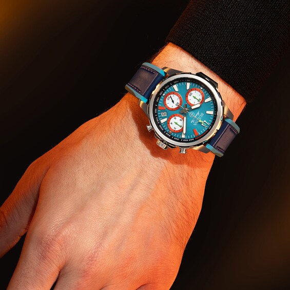 Previously Owned - Men's Bulova Marine Star Blue Leather Strap Chronograph Watch with Blue Dial (Model: 96B460)
