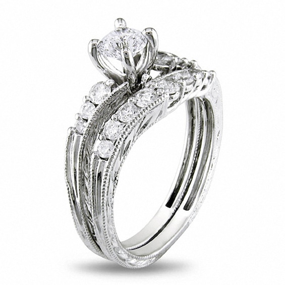 Previously Owned - 1 CT. T.w. Diamond Slant Soldered Bridal Set in 14K White Gold