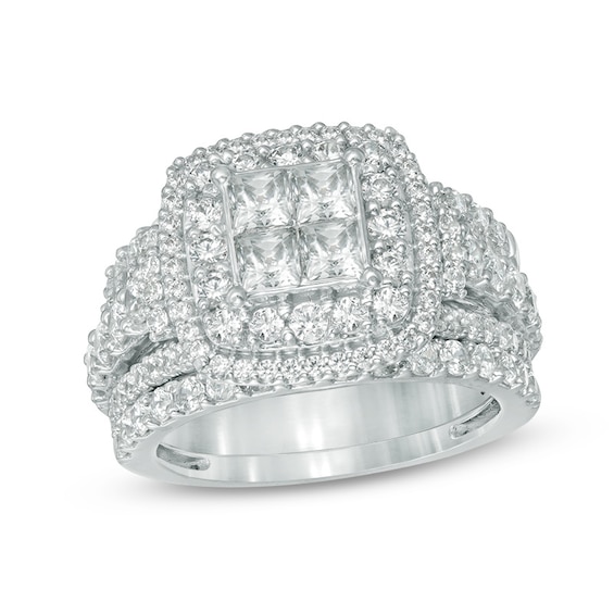 Previously Owned - 2-3/4 CT. T.w. Quad Princess-Cut Diamond Frame Three Piece Soldered Bridal Set in 14K White Gold