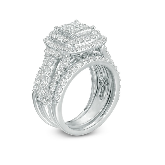 Previously Owned - 2-3/4 CT. T.w. Quad Princess-Cut Diamond Frame Three Piece Soldered Bridal Set in 14K White Gold