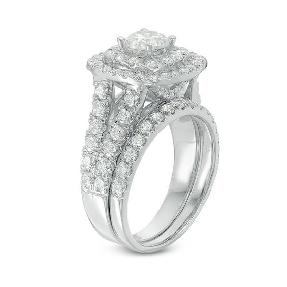 Previously Owned - 2-1/2 CT. T.w. Diamond Double Cushion Frame Soldered Bridal Set in 14K White Gold (I/I2)