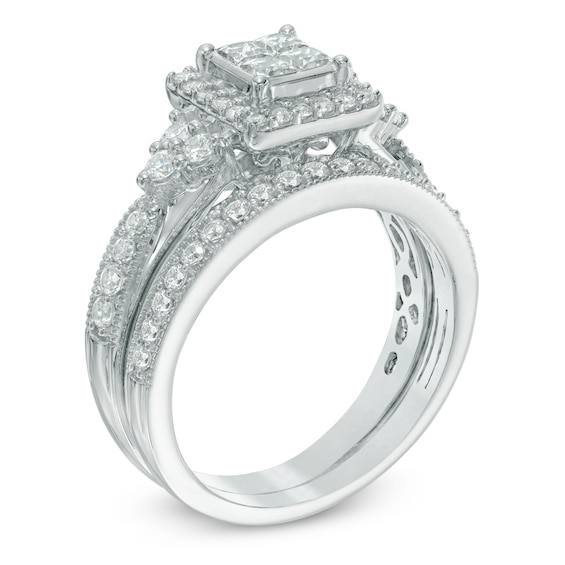 Previously Owned - 1 CT. T.w. Quad Princess-Cut Diamond Frame Tri-Sides Soldered Bridal Set in 10K White Gold