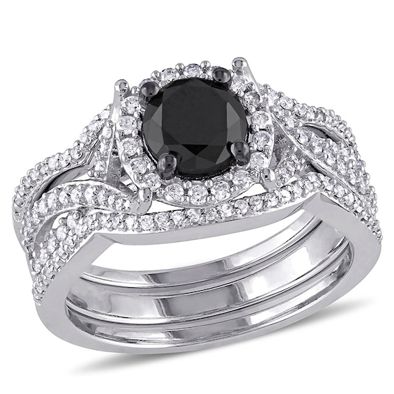 Previously Owned - 1-1/2 CT. T.w. Black and White Diamond Frame Twist Three Piece Soldered Bridal Set in 10K White Gold