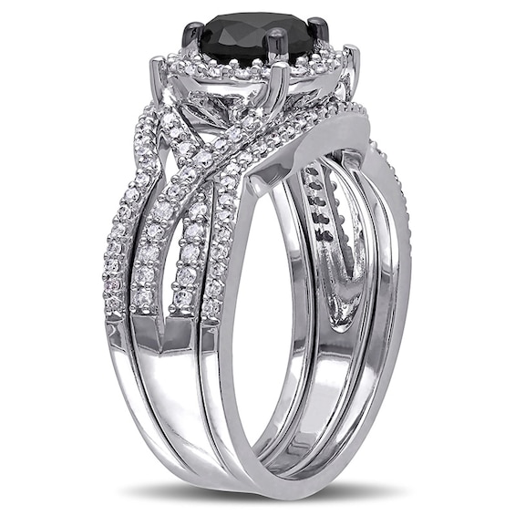 Previously Owned - 1-1/2 CT. T.w. Black and White Diamond Frame Twist Three Piece Soldered Bridal Set in 10K White Gold