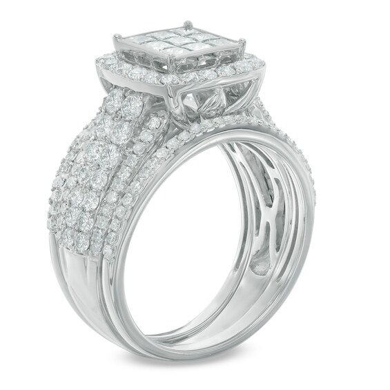 Previously Owned - 2 CT. T.w. Princess-Cut Composite Diamond Frame Three Piece Soldered Bridal Set in 10K White Gold